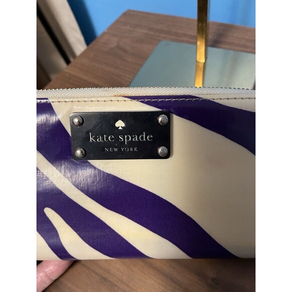 Kate Spade Zip around Wallet Patent Leather Purple Cream Zebra Stripes - Picture 9 of 15